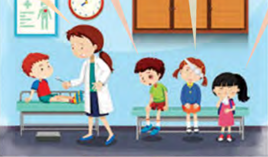 A doctor gives Aakash two instructions, and the children waiting on the bench pass them on to each other.