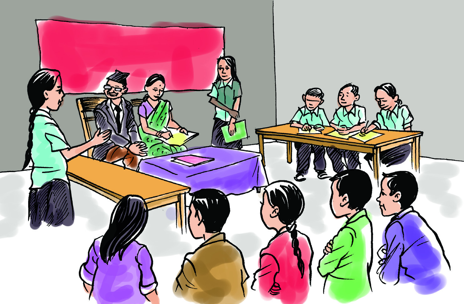 सभाकक्षमा वादविवाद चलिरहेको छ। एक जना छात्रा उभिएर बोल्दै छिन्, अगाडिको टेबुलमा सभाध्यक्ष र निर्णायकहरू बसेका छन् र वरिपरि श्रोता विद्यार्थीहरू सुनिरहेका छन्।