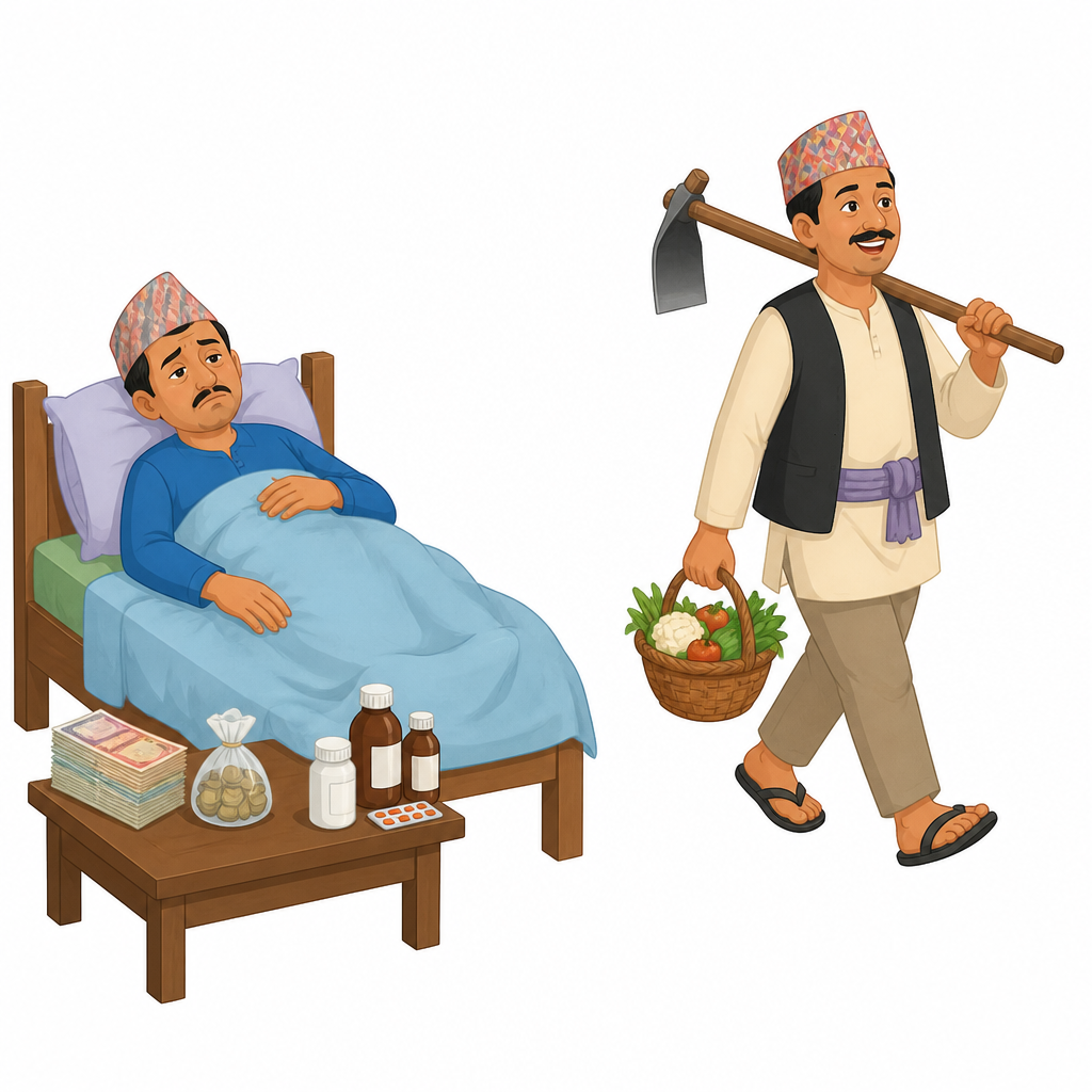 धेरै धन भएर पनि रोगी भई ओछ्यानमा थलिएको मान्छे र सम्पत्ति थोरै भए पनि तन्दुरुस्त भई हिँडिरहेको मान्छे। रोगीले चाहेको काम गर्न नपाउने भएकाले उसलाई कैदी जस्तो भनिएको हो।