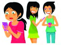 A hurtful message on her phone leaves one girl upset while the others laugh: cyberbullying causes real mental stress.