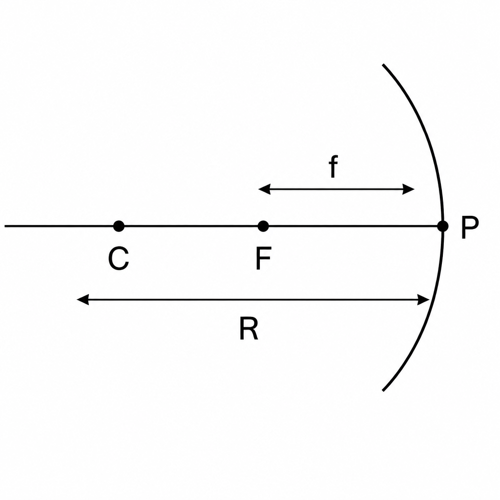 On a concave mirror, P, C and F all lie on one straight line in front of the mirror, and R and f are measured along that same line.