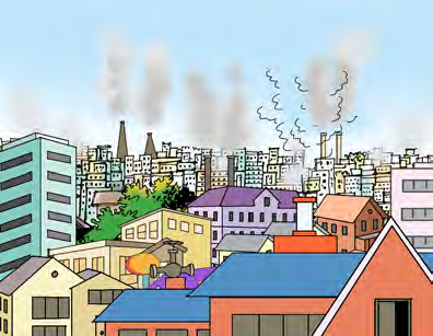 Now: big concrete buildings crowd the land and chimneys pour smoke into the sky.