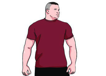 A big, strong man with very short hair, wearing a dark red t-shirt.