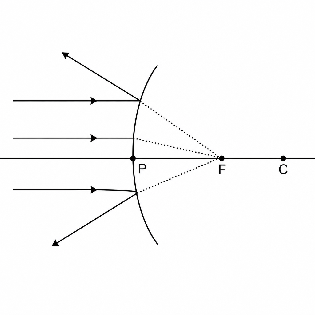 Parallel rays spread out after reflection and seem to start from F behind the mirror.