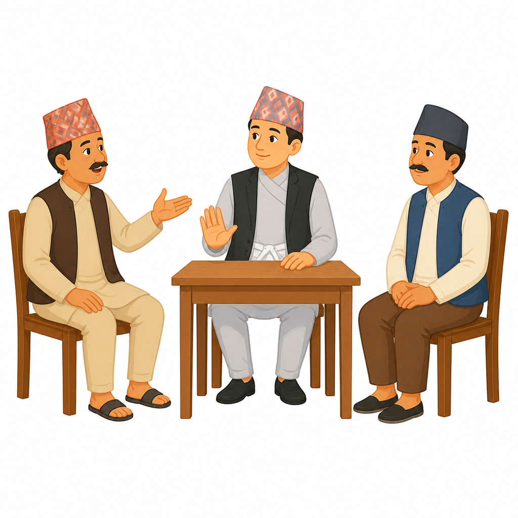 मध्यस्थकर्ता बिचमा र दुई पक्ष दुईतिर बसेको अवस्था । दुवैलाई बराबर ठाउँ दिएर सुन्नु नै मध्यस्थताको मुख्य काम हो ।