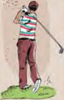 Golf: a player swings a club to send a small ball towards a distant hole.
