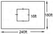 A rectangular field 240 ft by 180 ft with a square pond of side 16 ft in the middle of it.