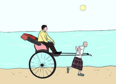 The old rickshaw puller strains forward while his passenger rides at ease. The whole poem lives in the gap between these two men.