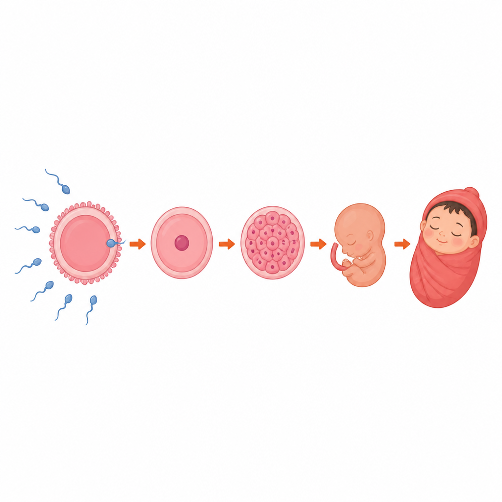The order of events from a sperm meeting an ovum, through the zygote and the embryo, to a new individual.