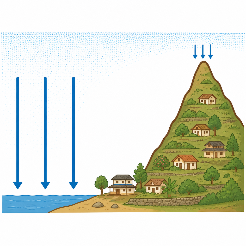 At sea level there is a deep layer of air overhead, while at the top of a mountain the layer above is much thinner.