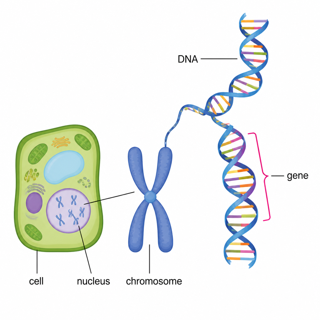 Location of a gene: the nucleus holds chromosomes, a chromosome unwinds into DNA, and one short stretch of that DNA is a gene.