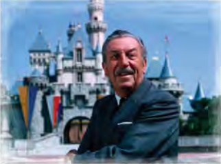 Walt Disney in front of the castle at Disneyland, the park he built after decades of failures and debts.