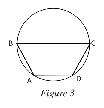 Figure 3: a cyclic quadrilateral shaped like a trapezium, with BC almost a diameter.