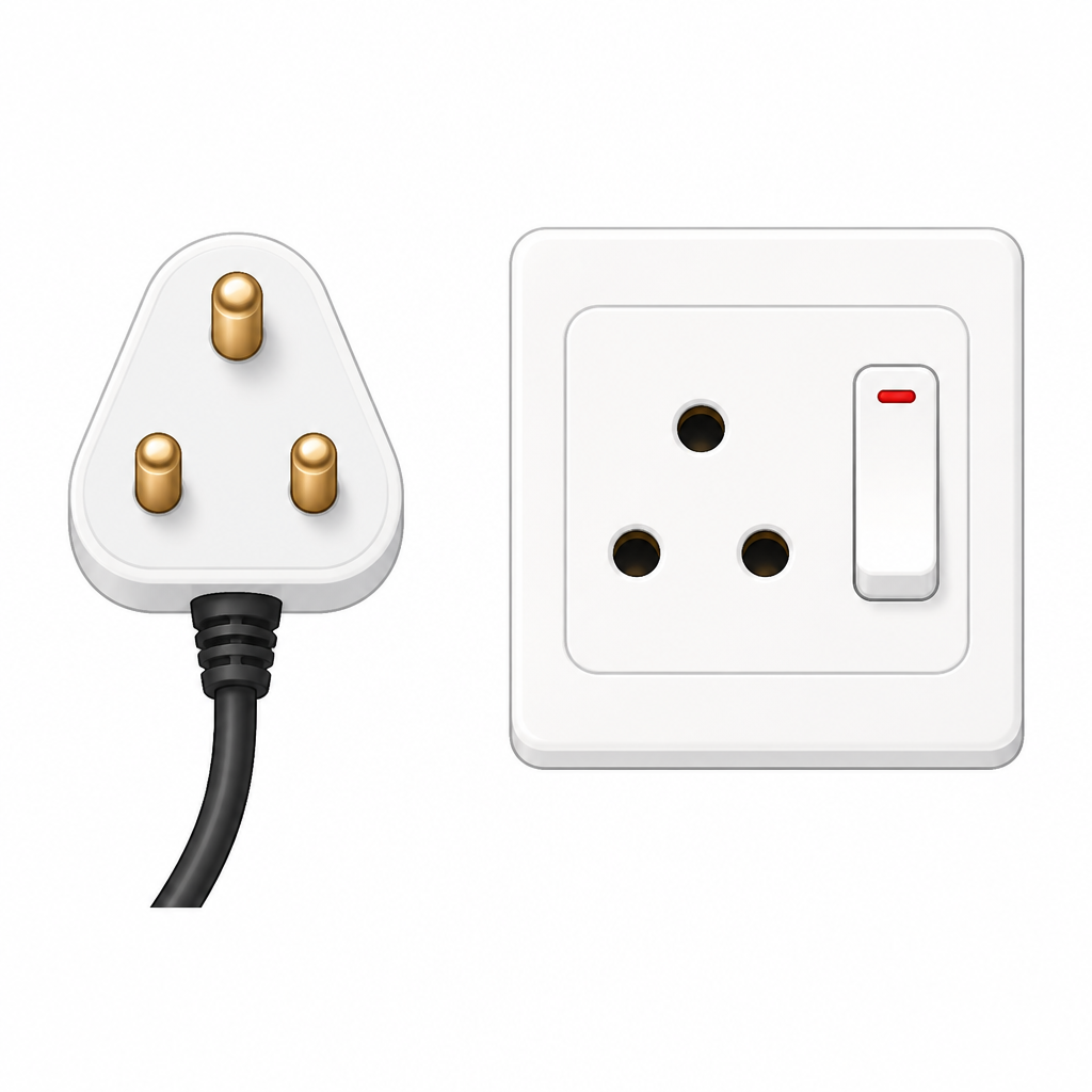 A three pin plug and a wall socket, the pair that carries the supply across to an appliance