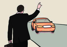 A traveller hails a taxi, just as the passenger in the listening conversation does.