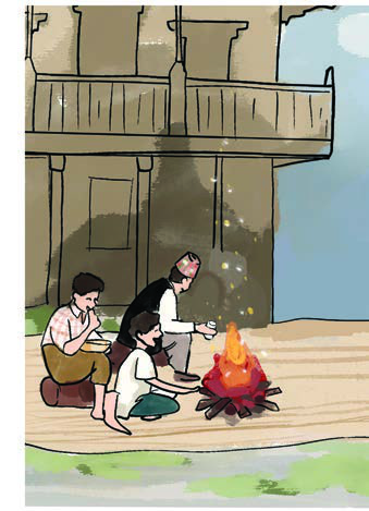 On the first evening the family sat around the fire outside the old cottage while the uncle told stories of his adventures.