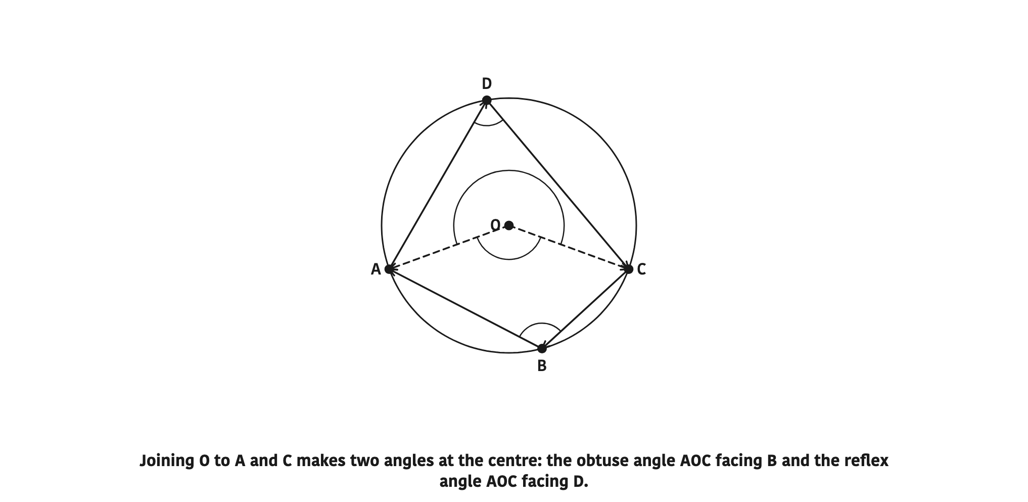 Joining O to A and C makes two angles at the centre: the obtuse angle AOC facing B and the reflex angle AOC facing D.