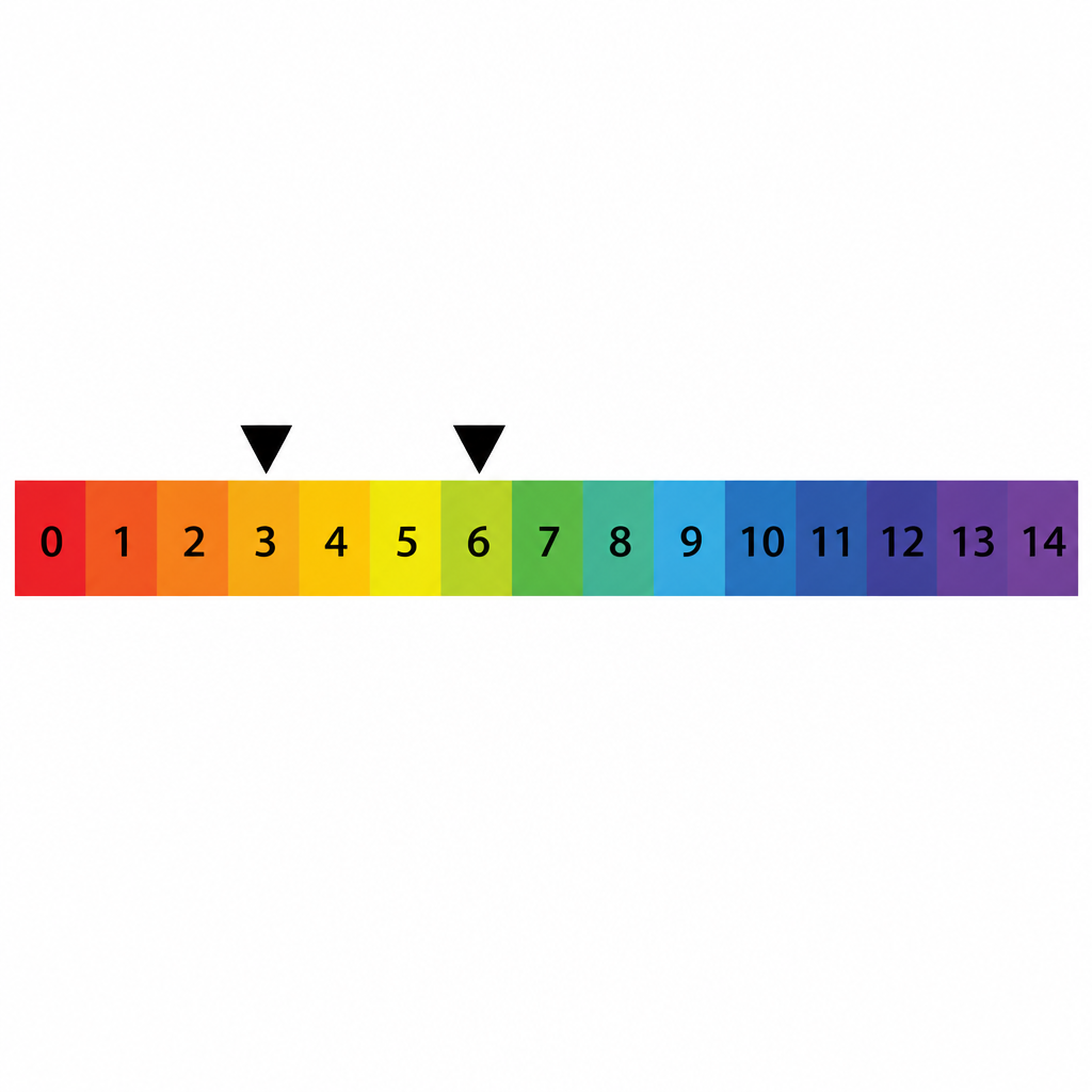 The lower the pH value, the more strongly acidic the water is. This shows where ordinary rain at 6 and acid rain at 3 sit on the scale.