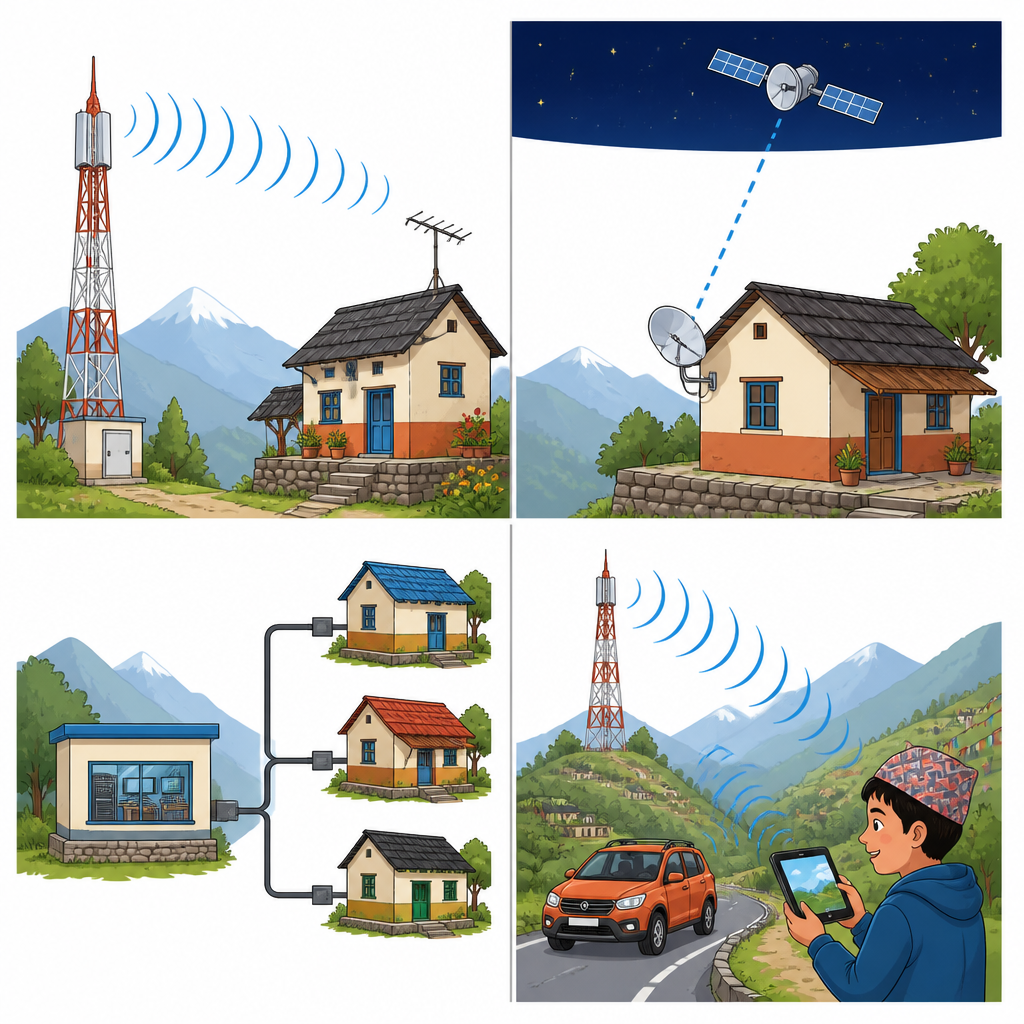 Digital TV reaches viewers in four ways: from a ground transmitter, from a satellite, through a cable network, and to mobile devices on the move.