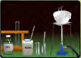 The set-up for heating the acid and base mixture to see what stays behind.