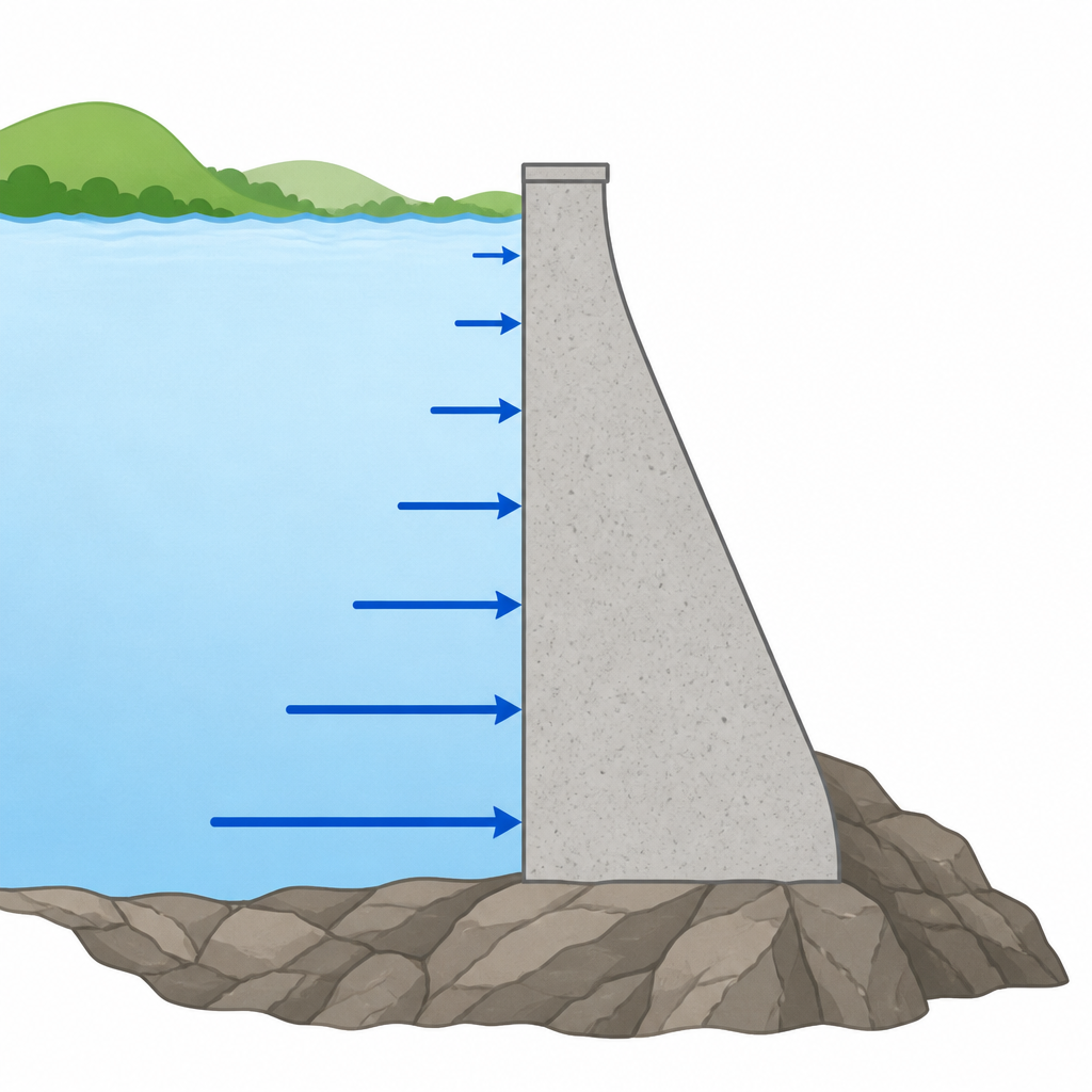 A dam wall is built thicker towards the bottom because the pressure of the water grows greater with depth.