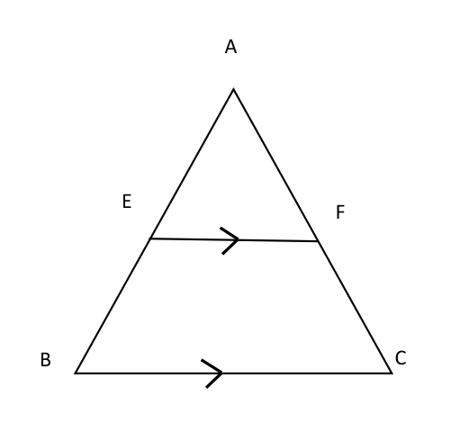 E and F are the mid-points of AB and AC. The arrows on EF and BC show that the two segments run in the same direction.