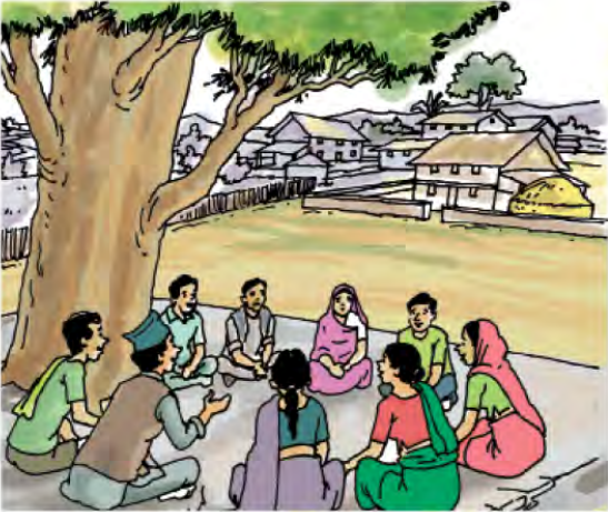 गाउँको ठुलो रुखमुनि गोलो घेरा बनाएर बसेका महिला र पुरुष। पछाडि घर, खेत र परालको कुन्यु देखिन्छ।