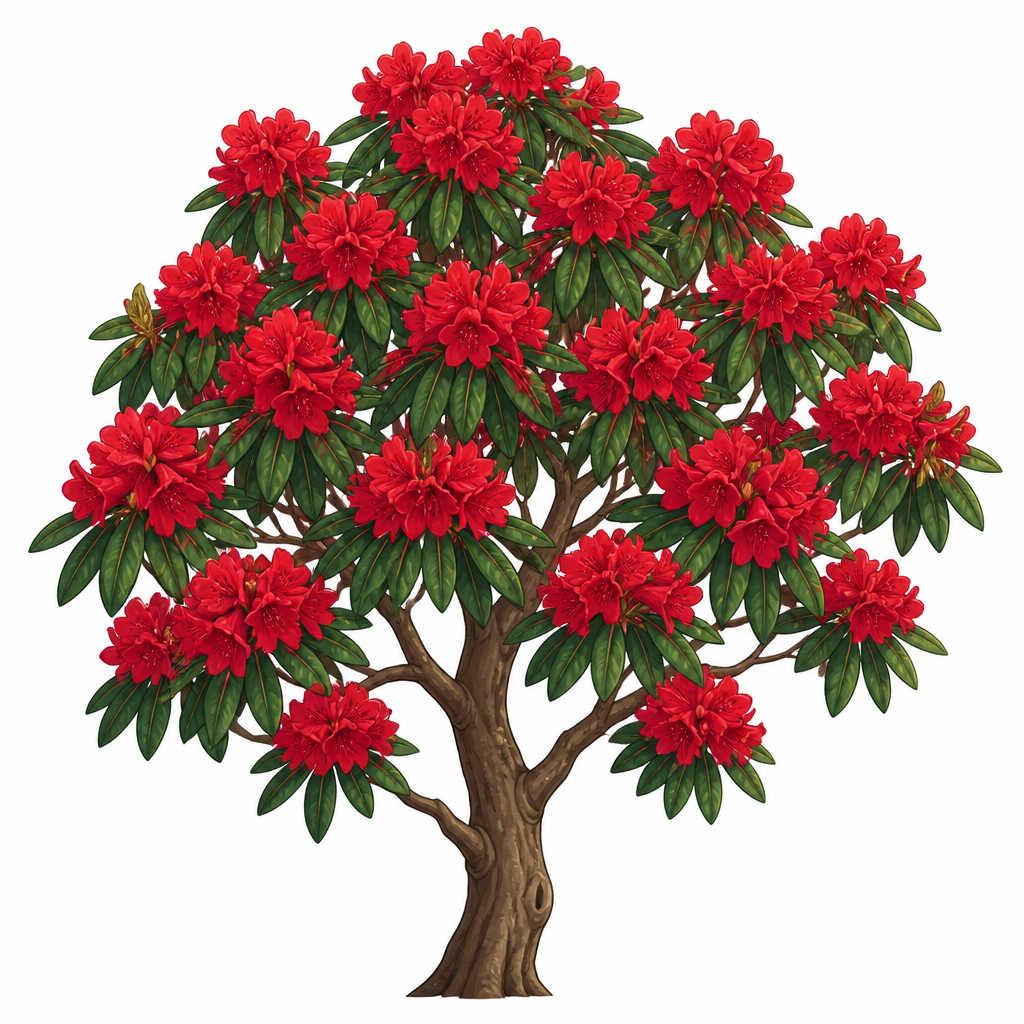 One of the thirty-two rhododendron species of Nepal, in bloom on a hillside.