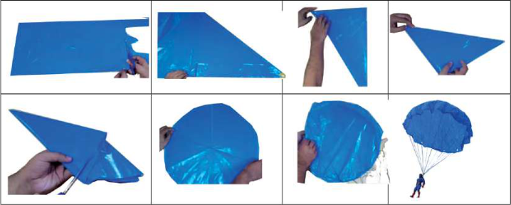 Building a model parachute: a thin plastic sheet is folded and cut into a circle, then tied with equal threads to a small toy.