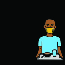 The contact person wears a medical mask while carrying food to the sick person.