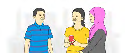 Three friends meet, and the one in the middle introduces the other two to each other.