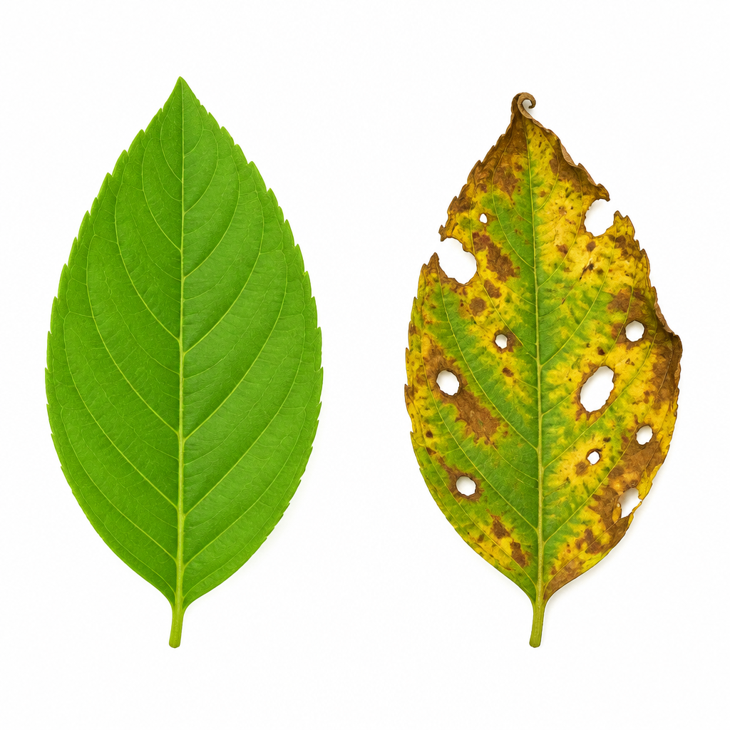 A leaf struck by acid rain carries brown patches and holes, which make it harder for the leaf to make food.