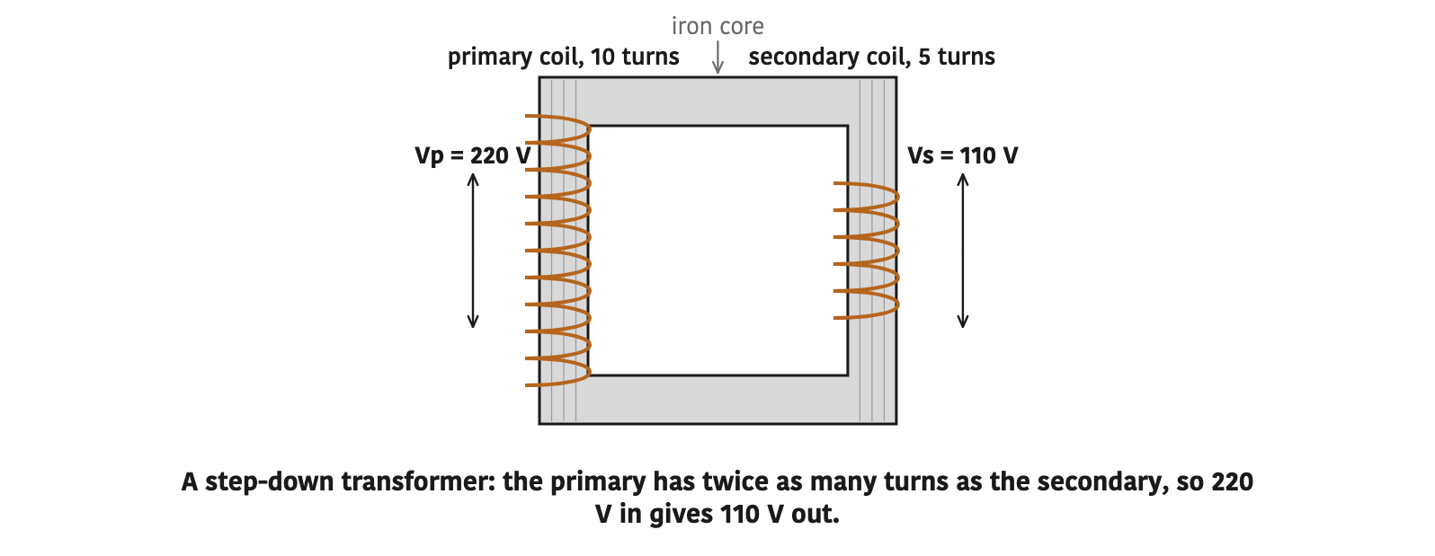 A step-down transformer: the primary has twice as many turns as the secondary, so 220 V in gives 110 V out.
