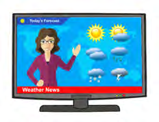 A presenter points at weather symbols on the screen while reading the weather news on television.