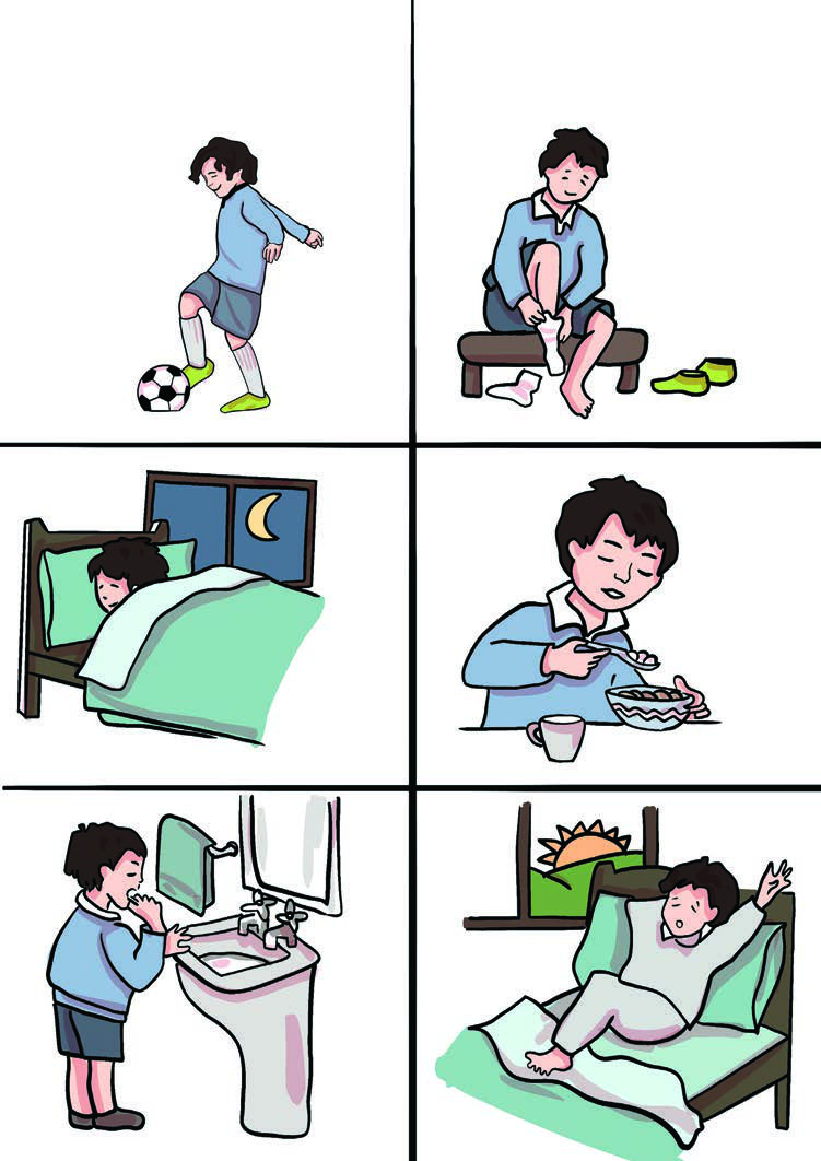 Six moments from a boy's day, ready to be put in order and told in the past tense.