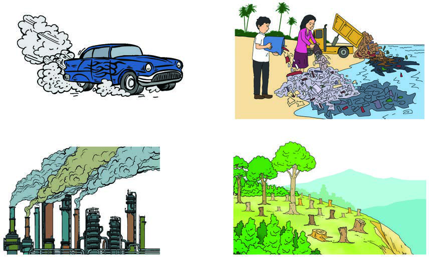 Four causes of a warming earth: a smoking vehicle, waste dumped into the sea, factory smoke, and deforestation.