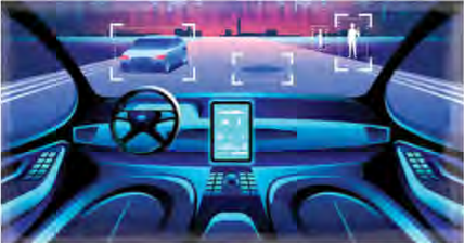 Inside a self-driving car: its sensors pick out other cars and a pedestrian on the road ahead while nobody holds the wheel.