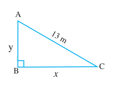 Triangle ABC is right-angled at B. The hypotenuse AC is 13 m, the base BC is \( x \) and the perpendicular AB is \( y \).