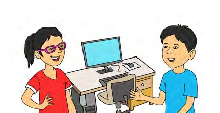 Two friends stand beside a computer and talk about what it can do.