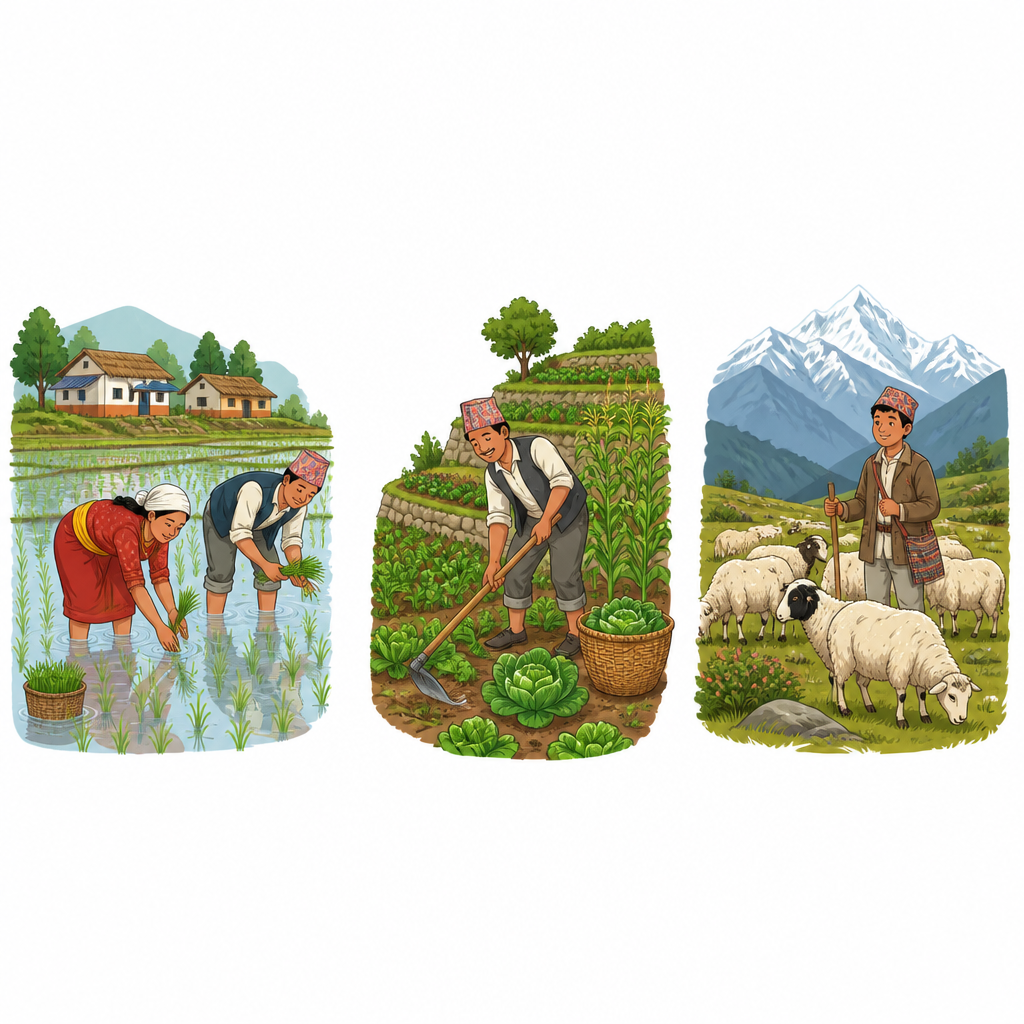एउटै देशका तीन भौगोलिक क्षेत्रमा मानिसका मुख्य पेसा कसरी फरक हुन्छन् भन्ने देखाउने चित्र ।