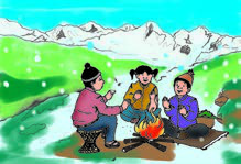 A family warming themselves by a fire while flakes fall on the mountains: snowy.