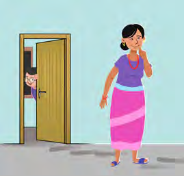Someone is hiding behind the door. He might jump out and surprise the woman.