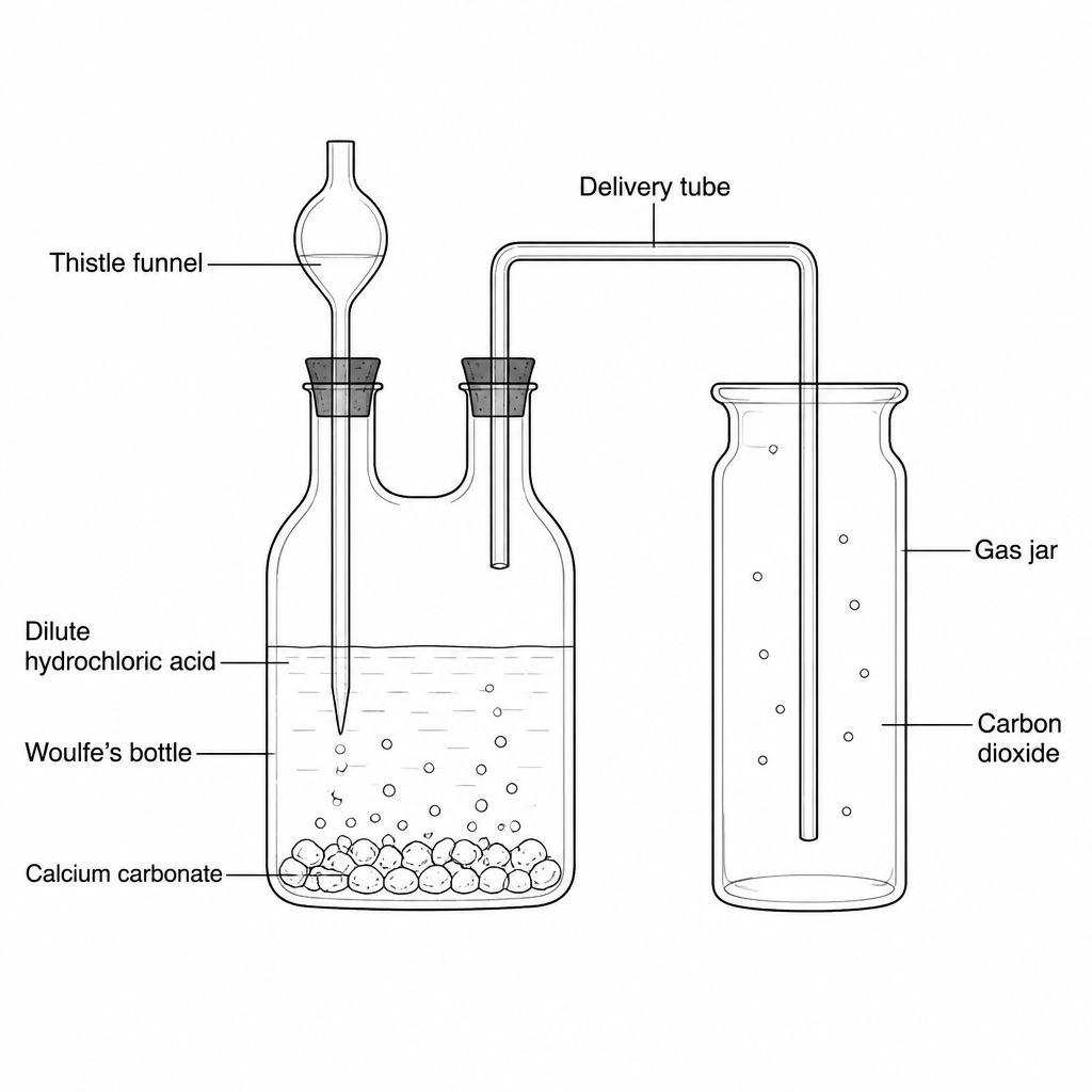 Laboratory set-up for preparing carbon dioxide and collecting it by upward displacement of air