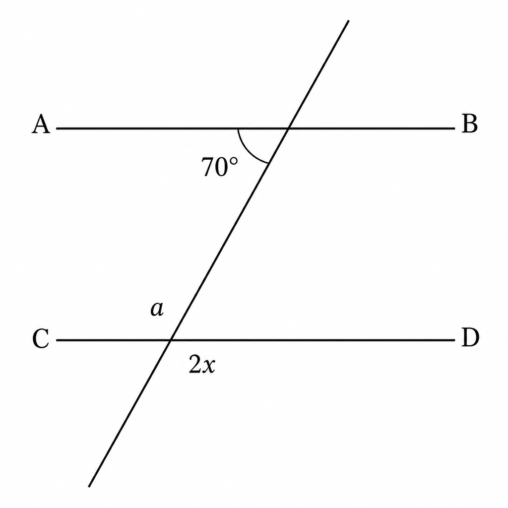 The figure shows the interior angle of 70 degrees, the interior angle a on the same side of the transversal, and the angle 2x vertically opposite a.