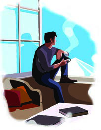 A man sitting alone by a window, lost in grief. A grieving person often needs quiet company more than advice.