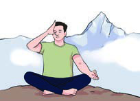 A man meditating in front of a snow peak: the journey described here joins trekking with yoga.