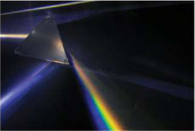 A narrow beam of white light enters a glass prism and comes out as a band of colours.