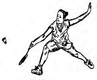 A backhand stroke: the player takes a long step to reach a shuttlecock on the side away from the racket hand.