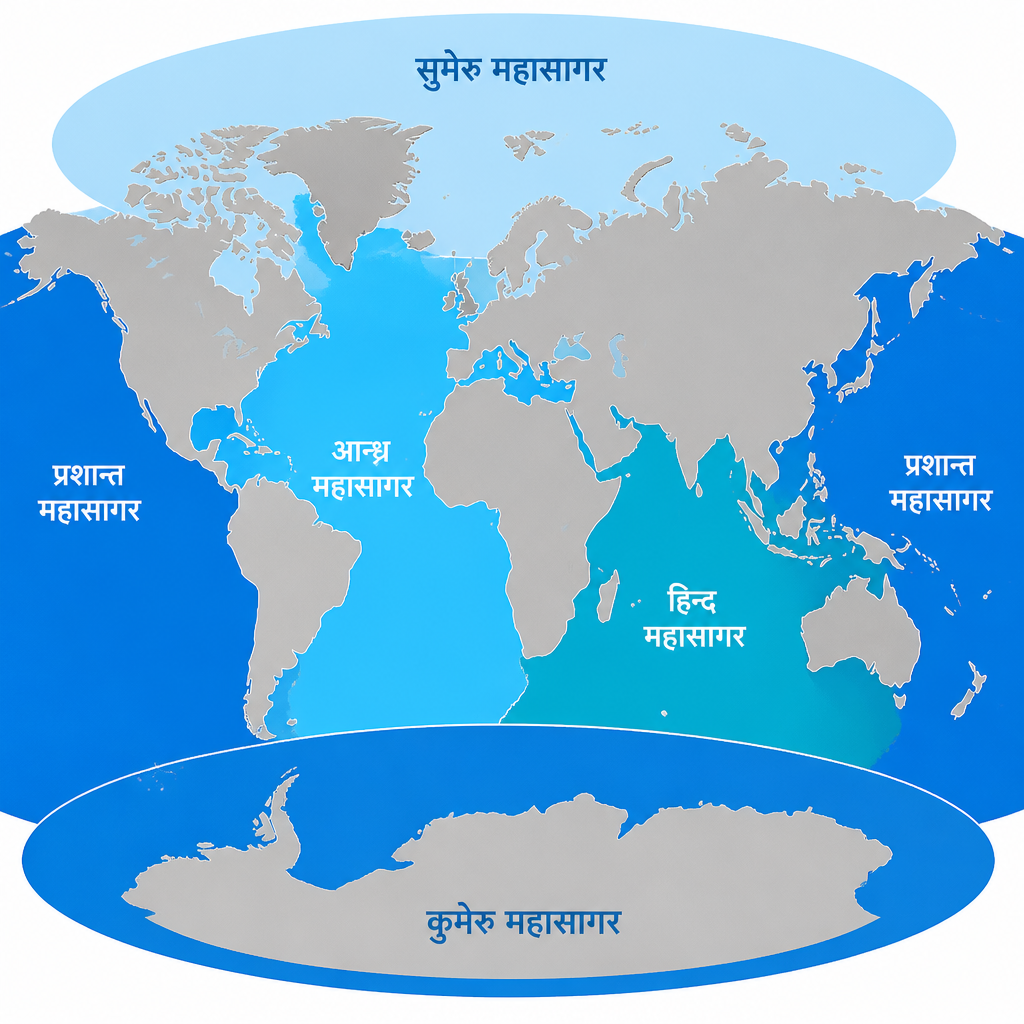 पाँचओटा महासागर पृथ्वीमा कहाँ कहाँ फैलिएका छन् भन्ने देखाउने नक्सा
