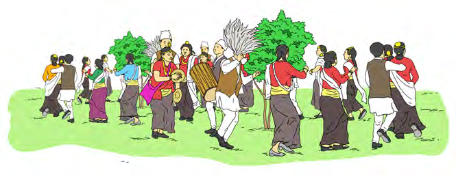 Dancers in traditional dress move together in a circle while the Dhol and Jhyamta keep the beat.